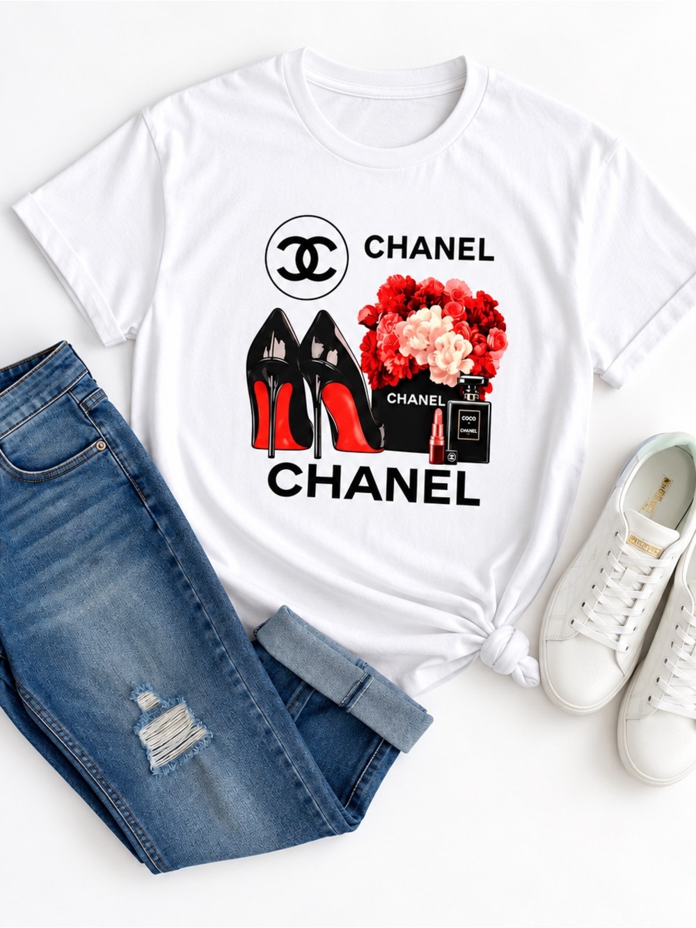 White Short-Sleeve Graphic Tee with Red Floral & Heel Motif